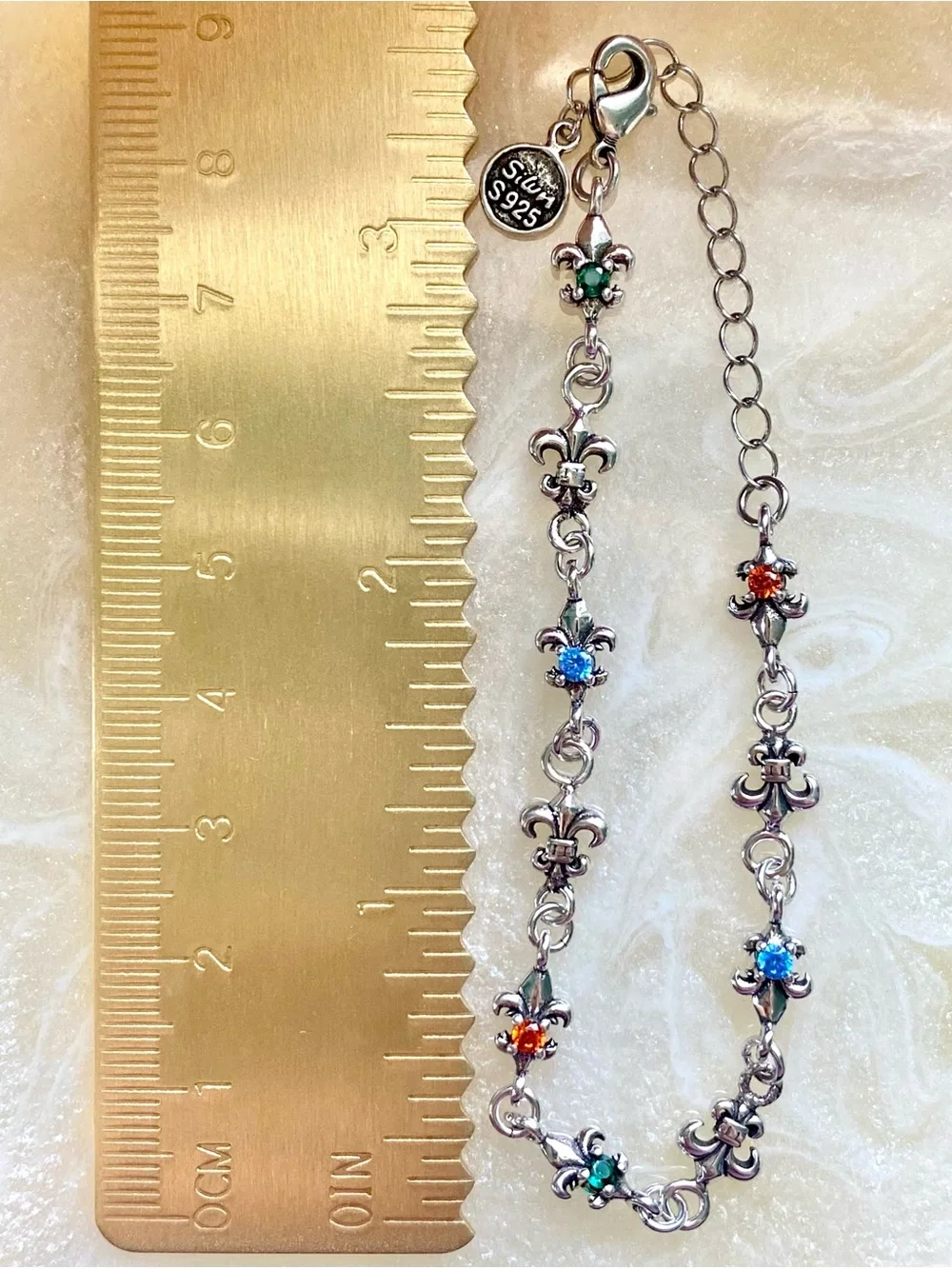 S925 Sterling Silver Fleur Bracelet with Multi-Colored Gem Accents